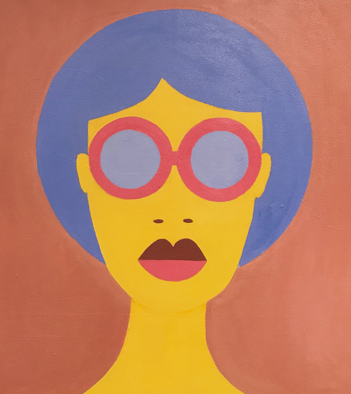 Retro head shot of woman with blue hair and sunglasses