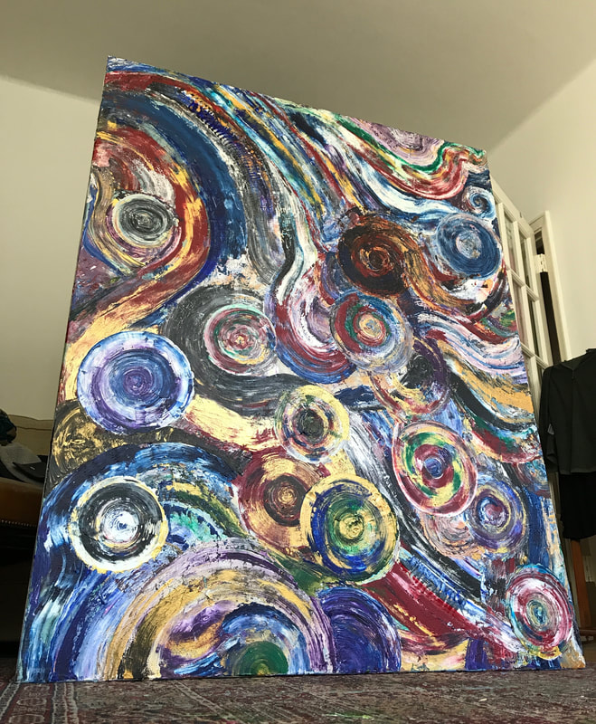 Very large bright painting with multicolour circles and streaks of colour