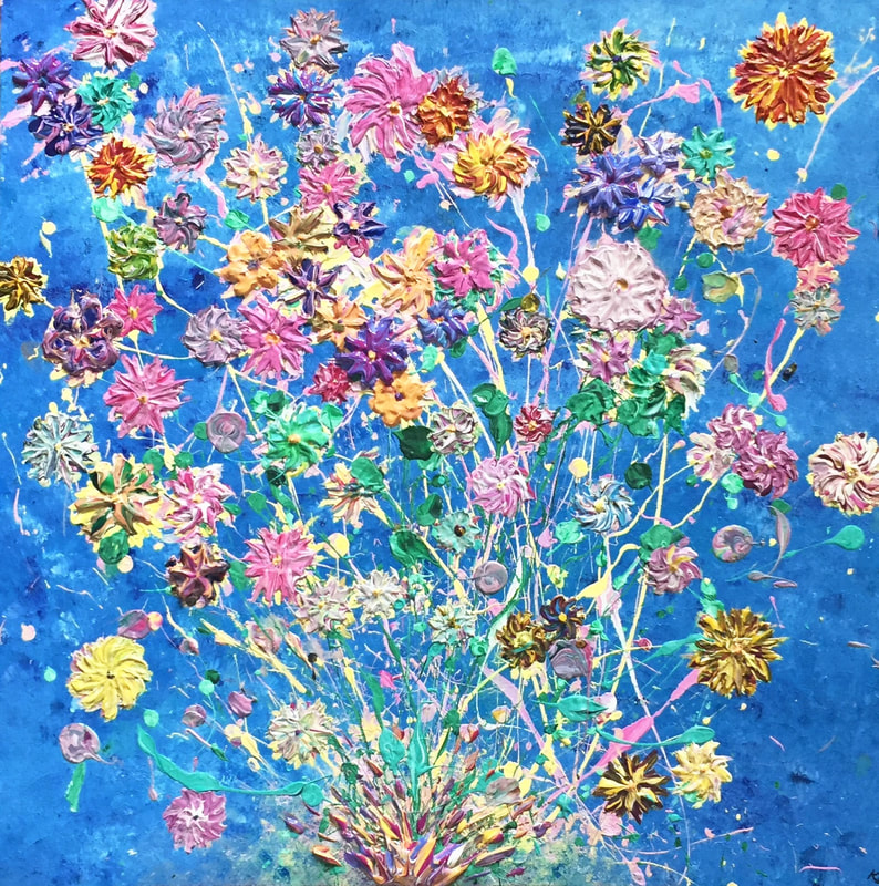 Bright, textured flowers exploding from the canvas