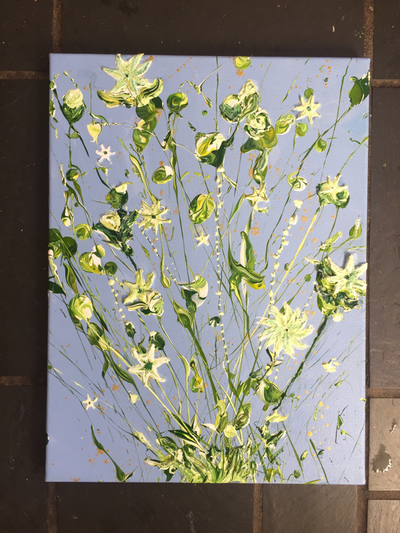 White and green lilies crawling upwards on the canvas