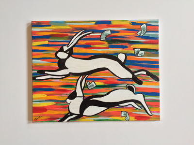 Two rabbits wearing burglars' masks jumping across a blurry coloured background, money blowing in a trail behind them