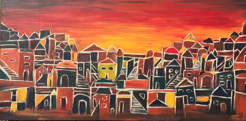 Village at sunset in deep earthy colours painted in a simple format.